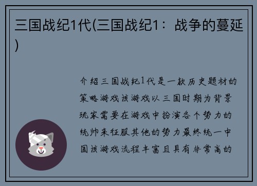 三国战纪1代(三国战纪1：战争的蔓延)